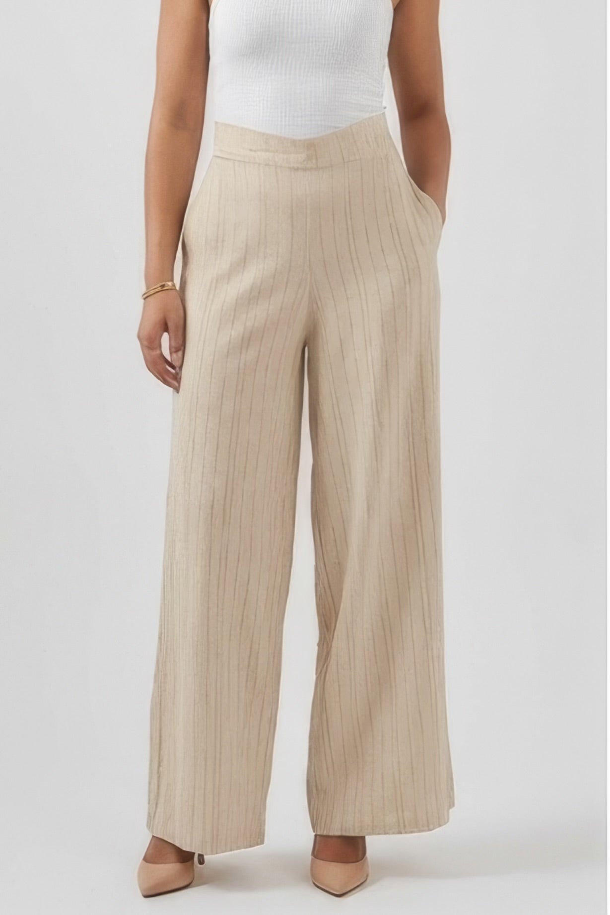 High Waisted Striped Linen Classic Trouser - Beige
