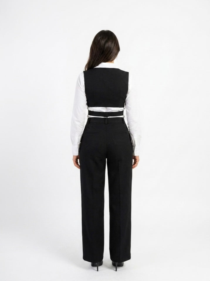 Crossover Wrap Cropped Vest & Pleated Pants Set– Black