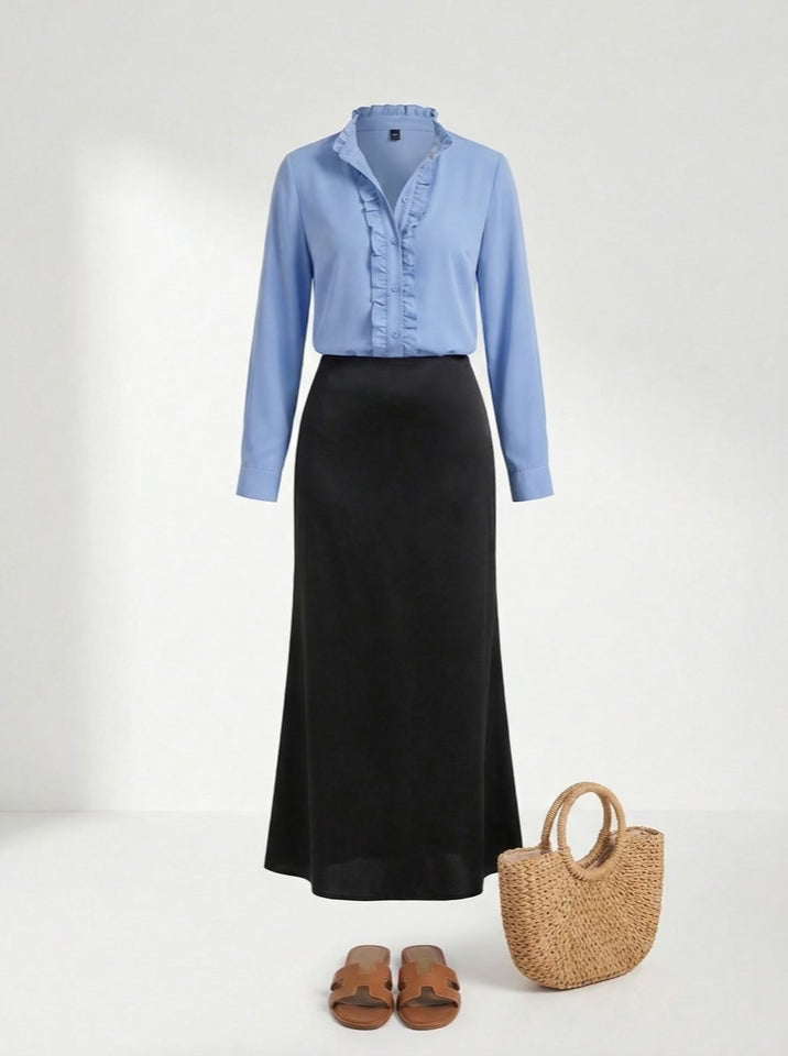 [BUNDLE] Sky Blue Ruffle Blouse & Black Satin Maxi Skirt