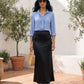 [BUNDLE] Sky Blue Ruffle Blouse & Black Satin Maxi Skirt