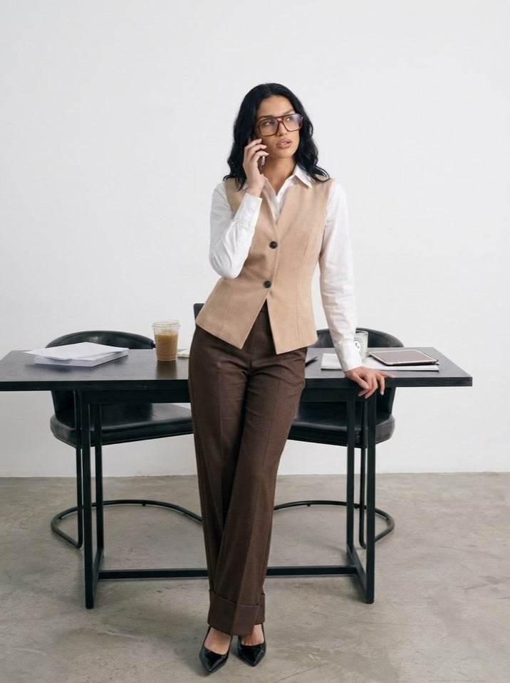 [BUNDLE] - V-Line Vest Beige and Brown Elegant Wide Leg Pants