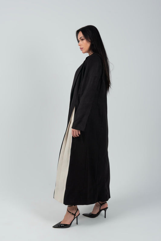 Black Full Length Wool Coat With White Side - Hushy Wear