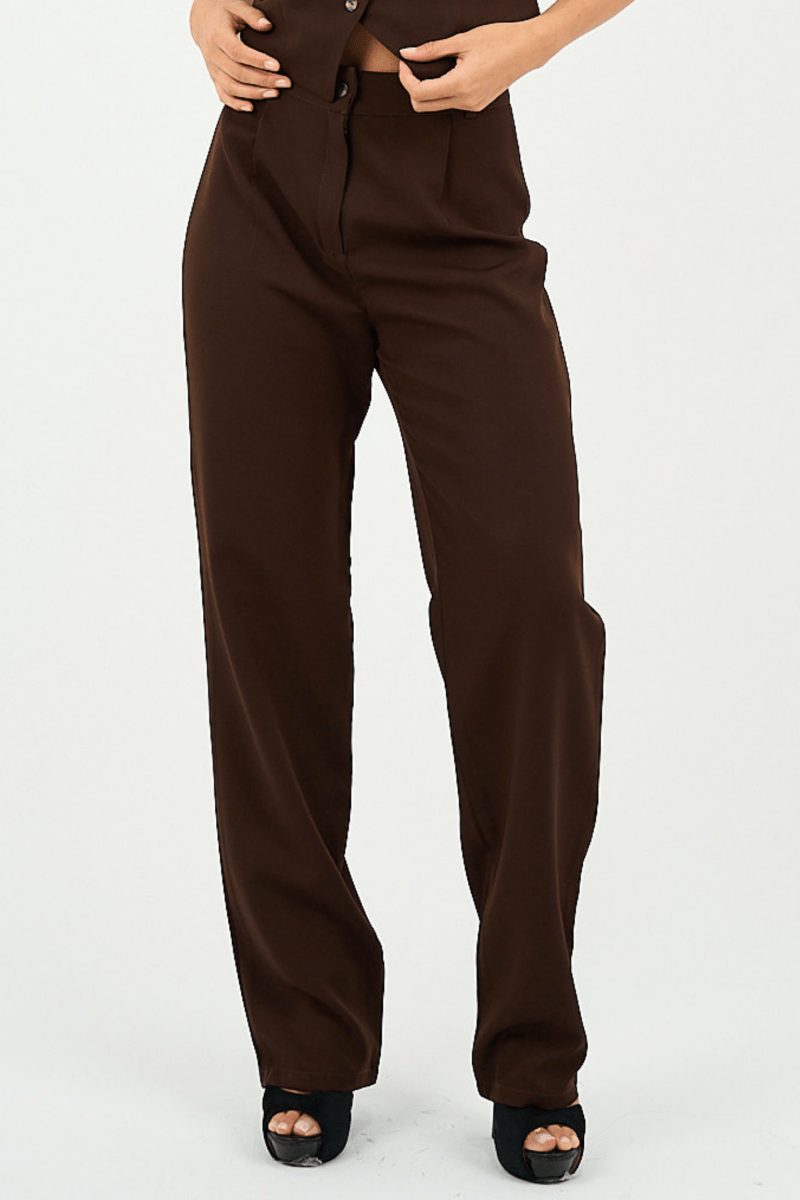 Brown Pleated Straight - Leg Trousers - Hushy Wear