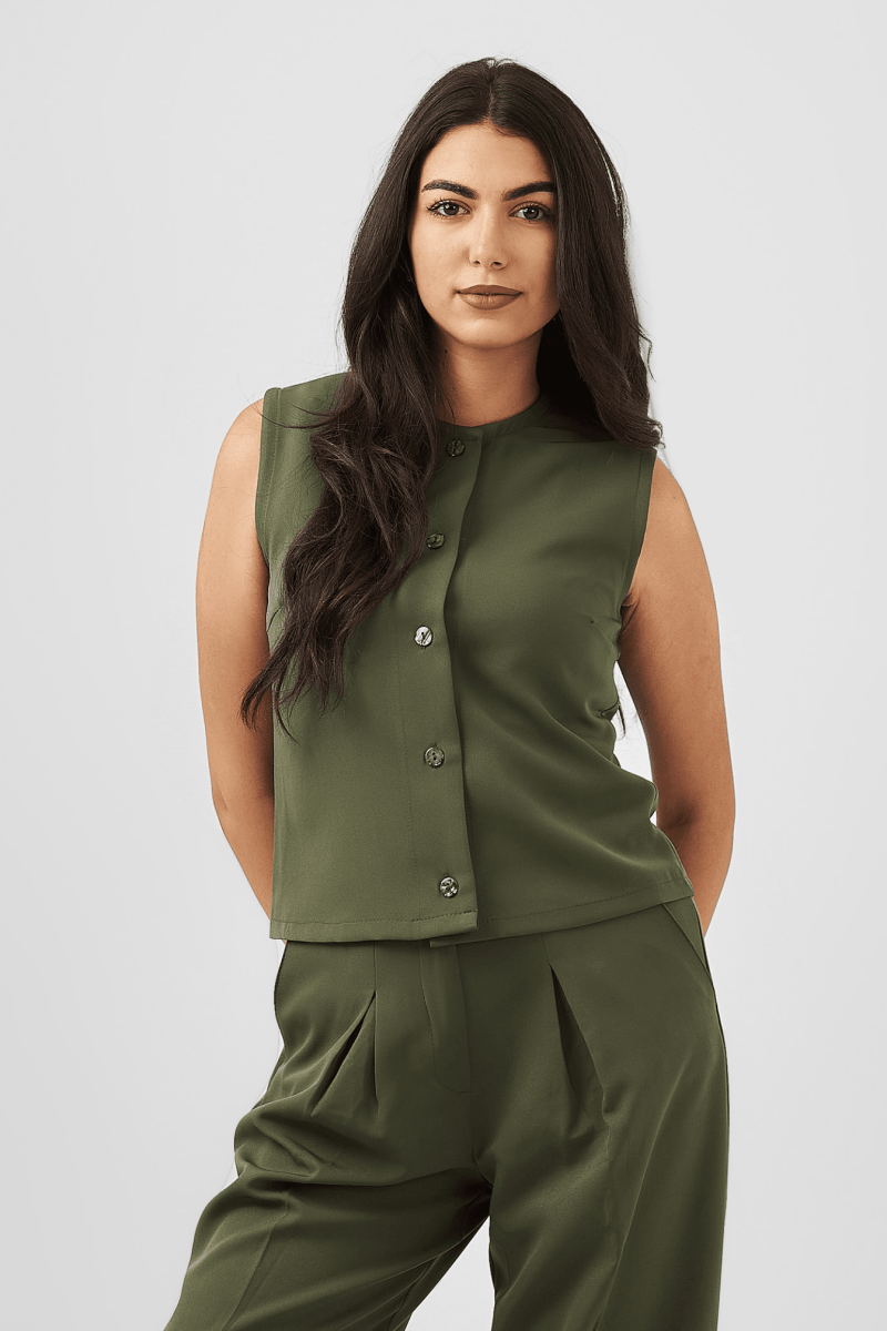 Button Down Sleeveless Top in Olive Green - Hushy Wear