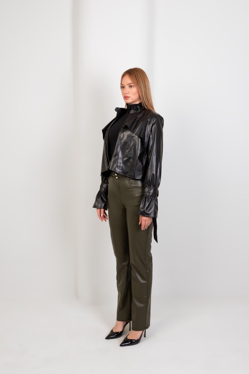 Faux Leather Wide Leg Pants - Olive - Hushy Wear