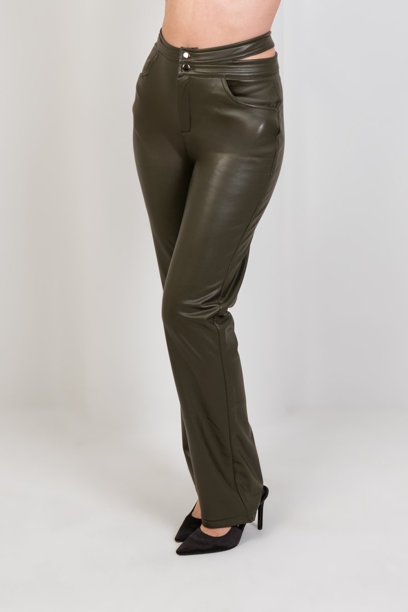 Faux Leather Wide Leg Pants - Olive - Hushy Wear