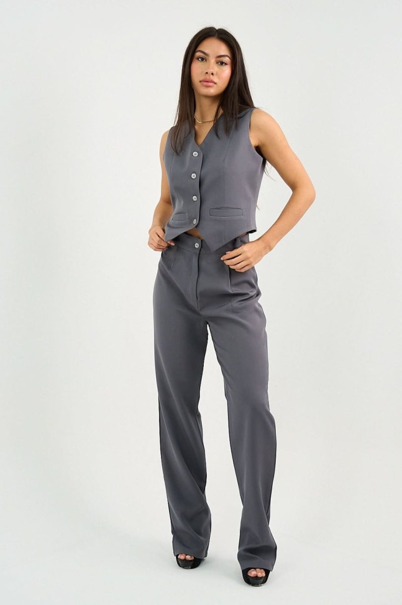 Gray Classic Vest & Pleated Straight Pants Set - Hushy Wear