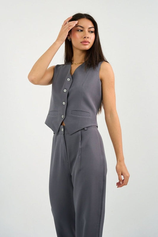 Gray Classic Vest & Pleated Straight Pants Set - Hushy Wear