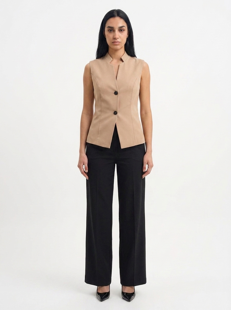 Premium V-Line Vest & Pants Set - Beige/Black