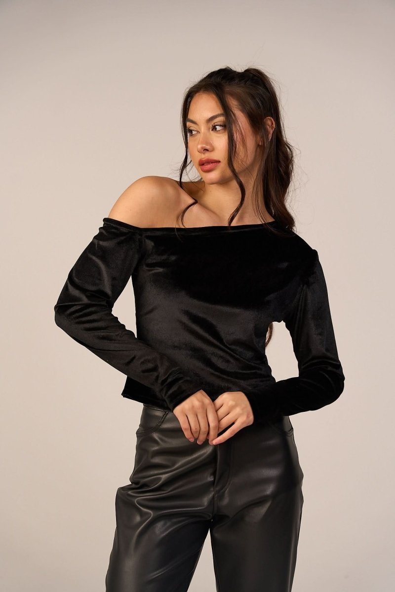 Velvet One Off Shoulder Tops - Black - Hushy Wear